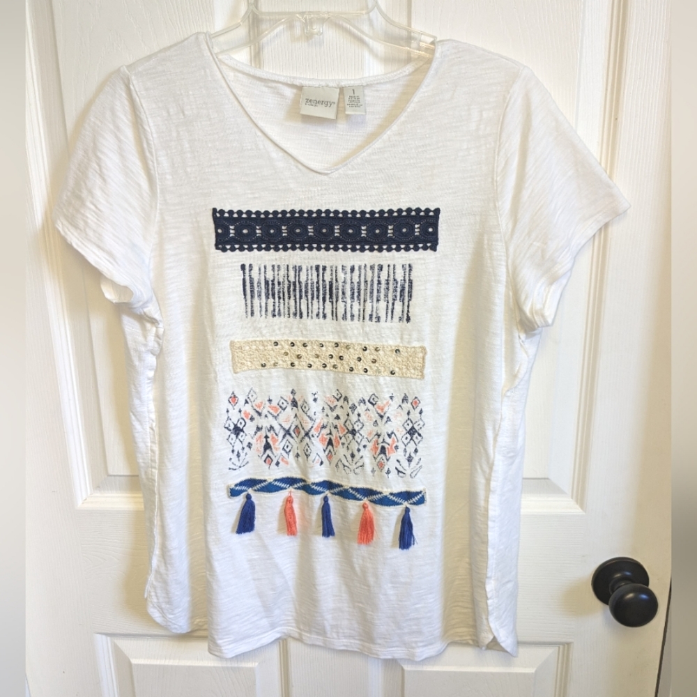 ZENERGY BY CHICO'S Cotton Modal short sleeve V-neck Tee Size 1 EUC